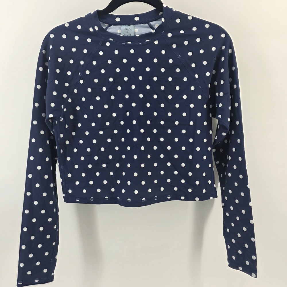 Shade & Shore Navy White Polka Dot Rash Guard Long Sleeve Swim Top UPF 50+ Small